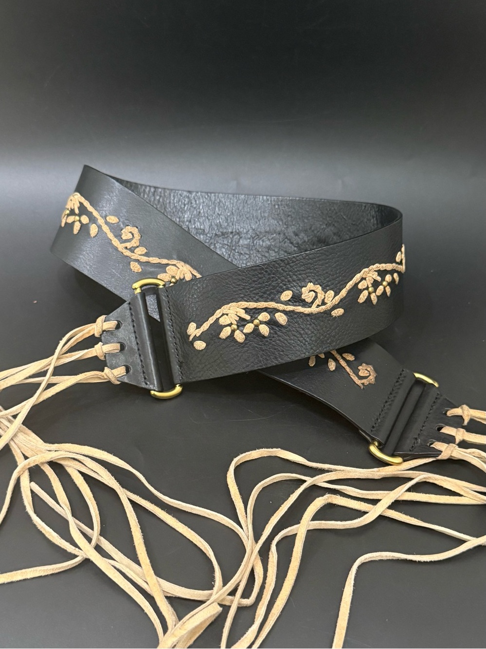 OLGA SANTINI Black Genuine Leather Fringe Embroidered Boho Belt Size M